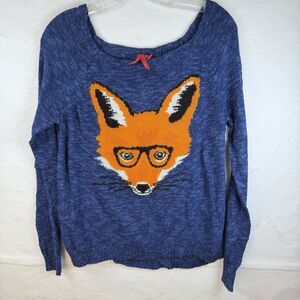Red Camel Womans Sweater Royal Blue Fox Face Long Sleeve Sz L